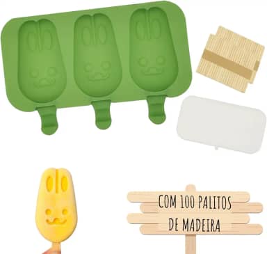 Formas Sorvete Picole Caseiro Silicone Com 3 Cavidades Tampa 100 palitos (Coelhinho)