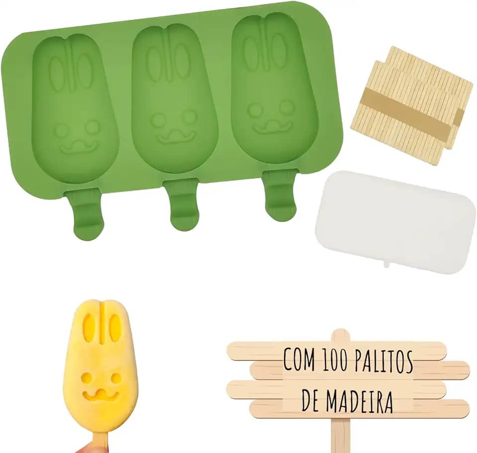 Formas Sorvete Picole Caseiro Silicone Com 3 Cavidades Tampa 100 palitos (Coelhinho)