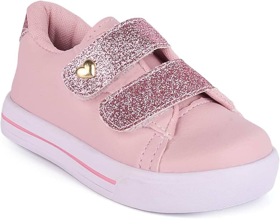 Tênis Infantil Menina Casual Antiderrapante Calce Fácil Glitter Coração Dourado Macio Leve