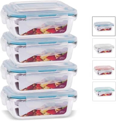 KIT 4 Potes de Vidro Retangular com Tampa Hermética 370ml Cor:Azul (QH)