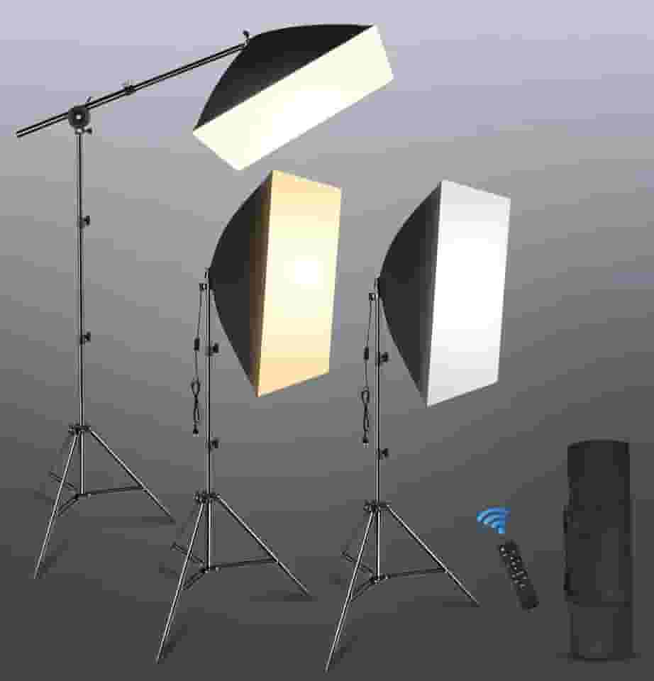 Softbox, Soft box, 110-240V, Softbox com Tripé, Kit Softbox para Iluminação Profissional, Kit de Fotografia de 3 Luzes com Função de Controlo Remoto de 5M, Luz de Três Cores Regulável
