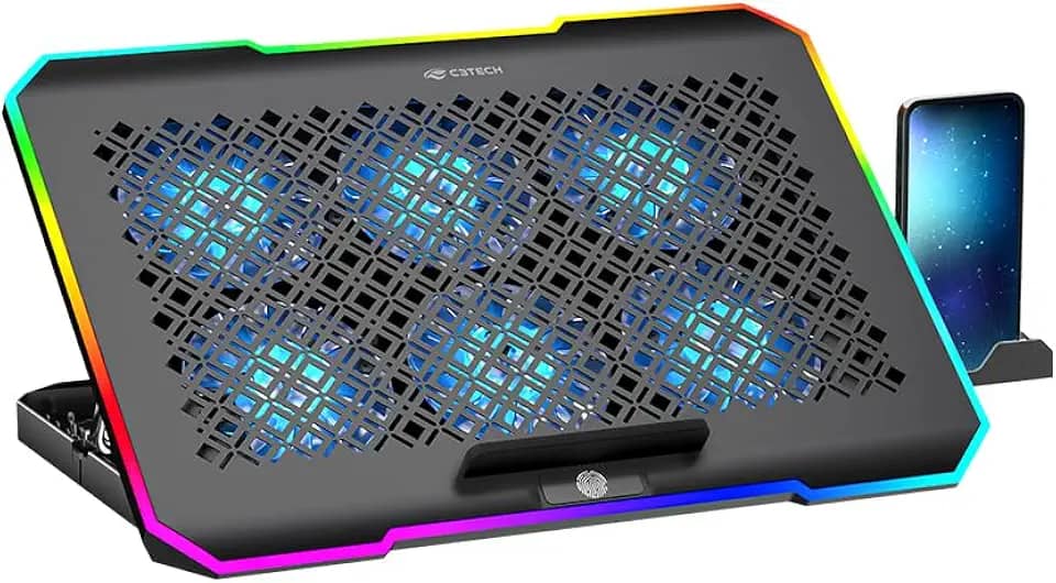 C3Tech Base refrigerada Gamer para Notebook, NBC-550BK 17,3' Preto, 5 niveis de ajustes de inclinacao, ajuste de velocidade, Iluminacao RGB em 10 modos, superficie em aluminio, suporte para celular