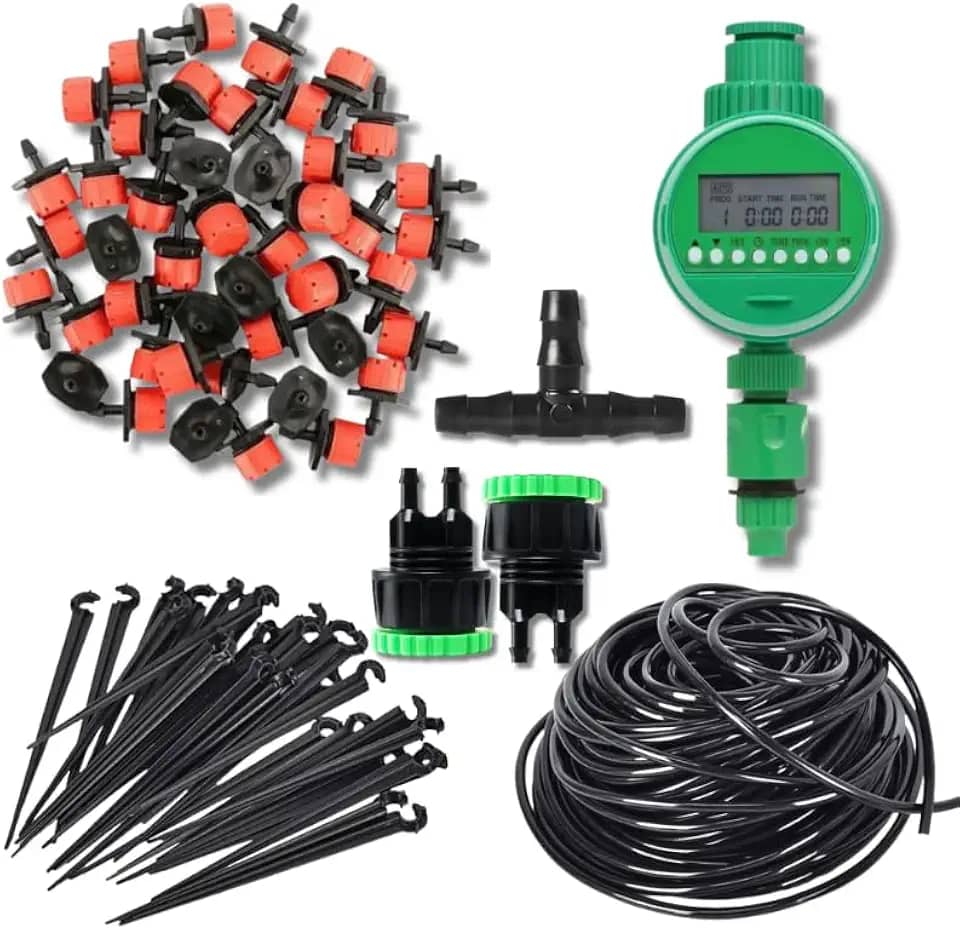 Kit Irrigação Gotejamento com Temporizador Automático | 20 Gotejadores + 30m Mangueira | Sistema Programável para Vasos, Hortas, Estufas e Jardins