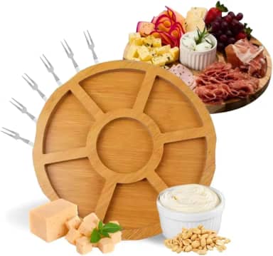 Kit Petisqueira de Madeira Redonda com Molheira Ramekin e Garfinhos para Petiscos Frios e Queijo Linha Premium M5 Armarinhos