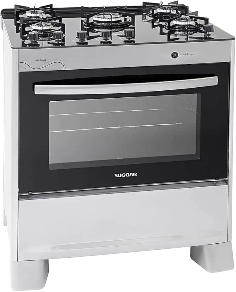 SUGGAR FOGÃO NEO GLASS PRATA MESA DE VIDRO 5 BOCAS TREMPE 6 APOIOS ACENDIMENTO AUTOMÁTICO FGVNG510PRIX