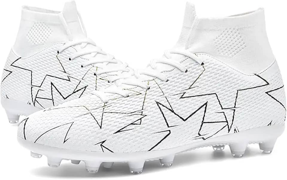 Chuteiras de futebol unissex masculinas, branco/preto/azul FG/AG, cano alto, botas de futebol para jovens e treinamentos profissionais, Branco, 35