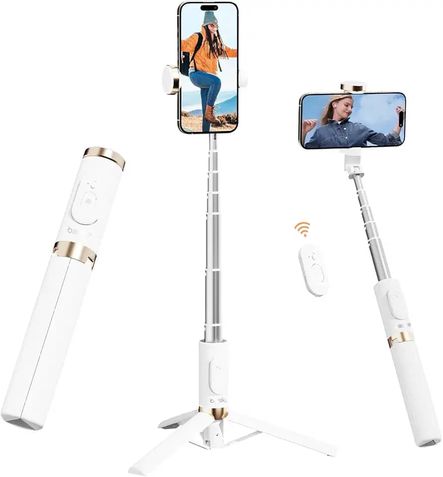 Basike Tripé para Celular 3 em 1 73cm – Bastão de Selfie Dobrável Portátil com Controle Remoto, Rotação 360°, Base Triangular Reforçada, Pau de Selfie Compatível com iPhone e Android – Branco