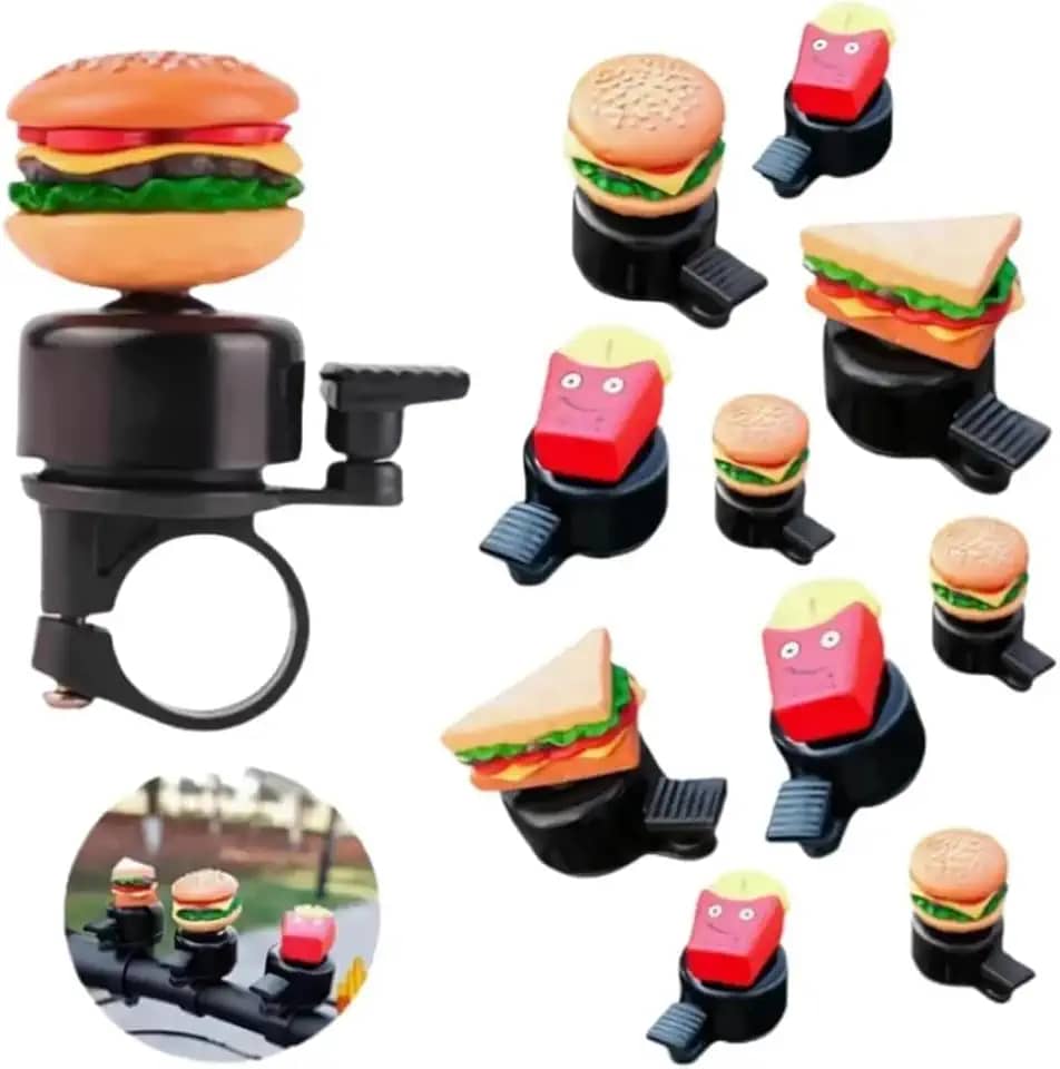 Campainha Divertida para Bicicleta, Formato Hambúrguer e Batata Frita, Decorativa, 4,5 cm