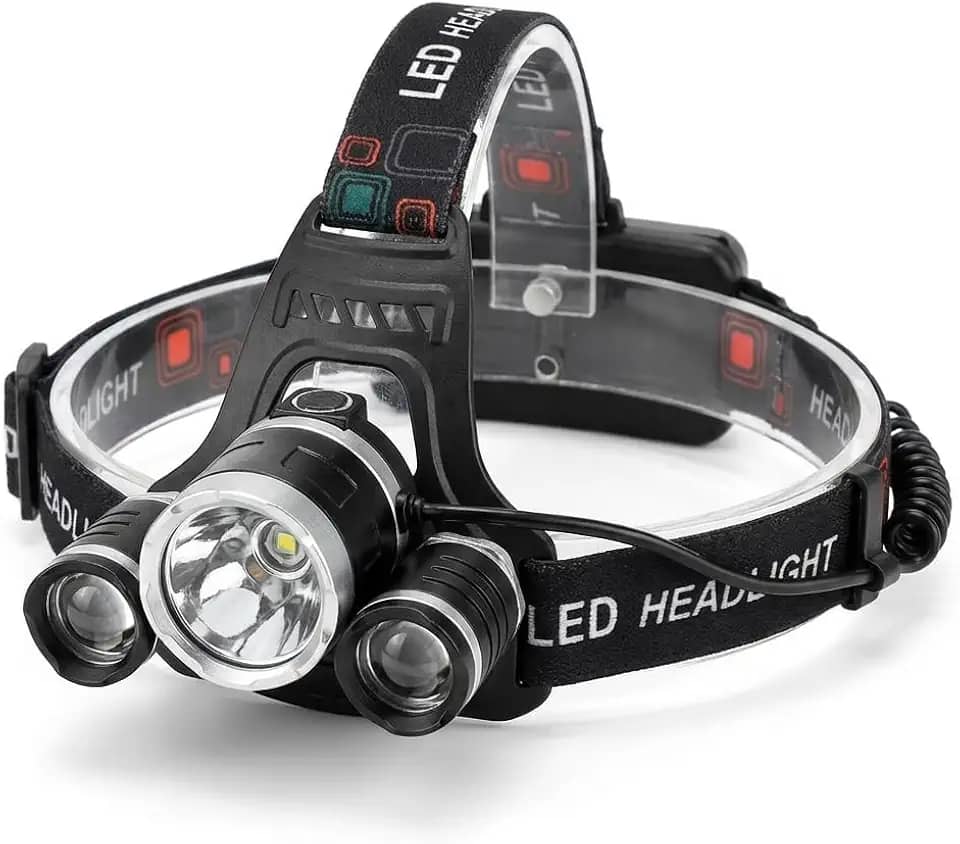 Lanterna de Cabeça LED Profissional, 3 Lâmpadas, Faixa Ajustável, Iluminação Potente, Preta, para Camping e Atividades Noturnas