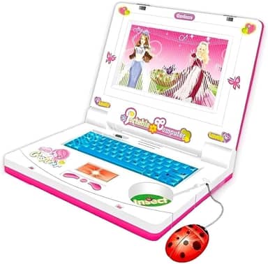 Laptop Infantil de Brinquedo com Mouse, Tela Colorida, Tema Princesas, Rosa e Branco