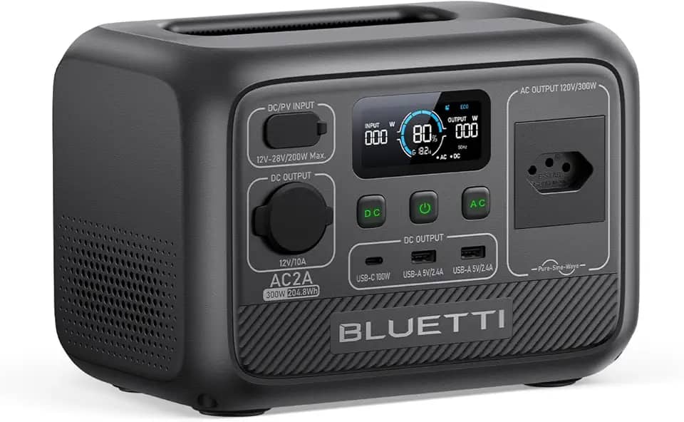 BLUETTI AC2A Gerador de Energia, Bateria LiFePO4 de 204Wh com 1 Saída CA 120V|300W (600W Power Lifting), Recarga de 0-80% em 30 Min, Gerador Solar para Camping, Viagens (Painel Solar Opcional)