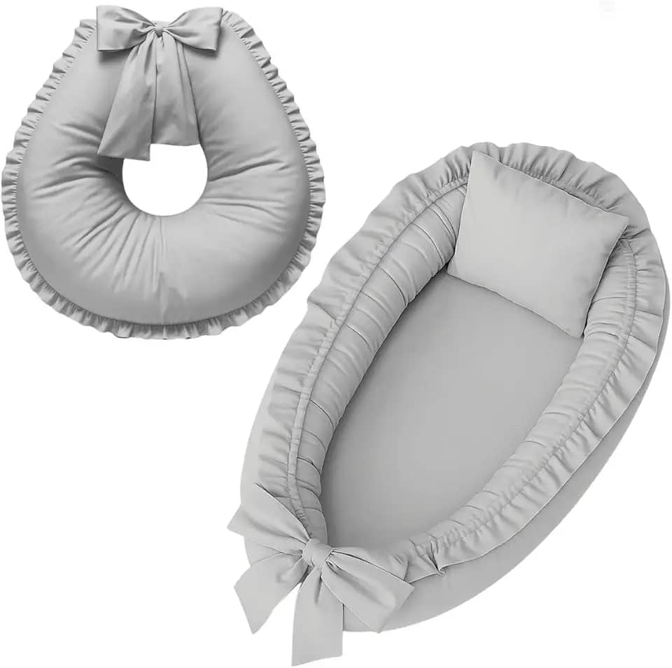 Ninho redutor de berço e Almofada de Amamentação Percal 100% Algodão (Cinza)