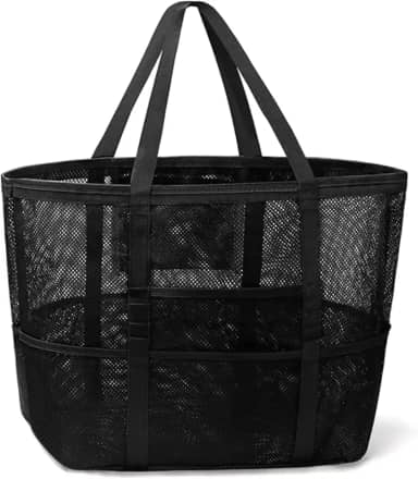 Bolsa Grande Praia em Tela Impermeável 45 cm – 10 Bolsos Extras, Fecho com Zíper, Alças Reforçadas – Ideal para Toalhas, Brinquedos e Piqueniques