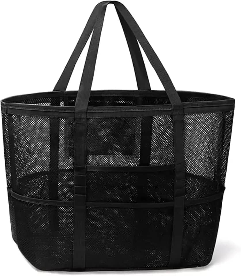 Bolsa Grande Praia em Tela Impermeável 45 cm – 10 Bolsos Extras, Fecho com Zíper, Alças Reforçadas – Ideal para Toalhas, Brinquedos e Piqueniques