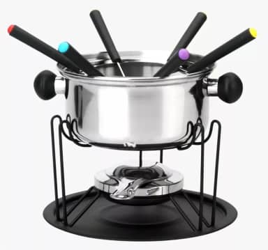 Kit Fondue 11 Peças, Panela em Inox 22cm com Base Giratória, 6 Garfos Coloridos, Suporte e Queimador