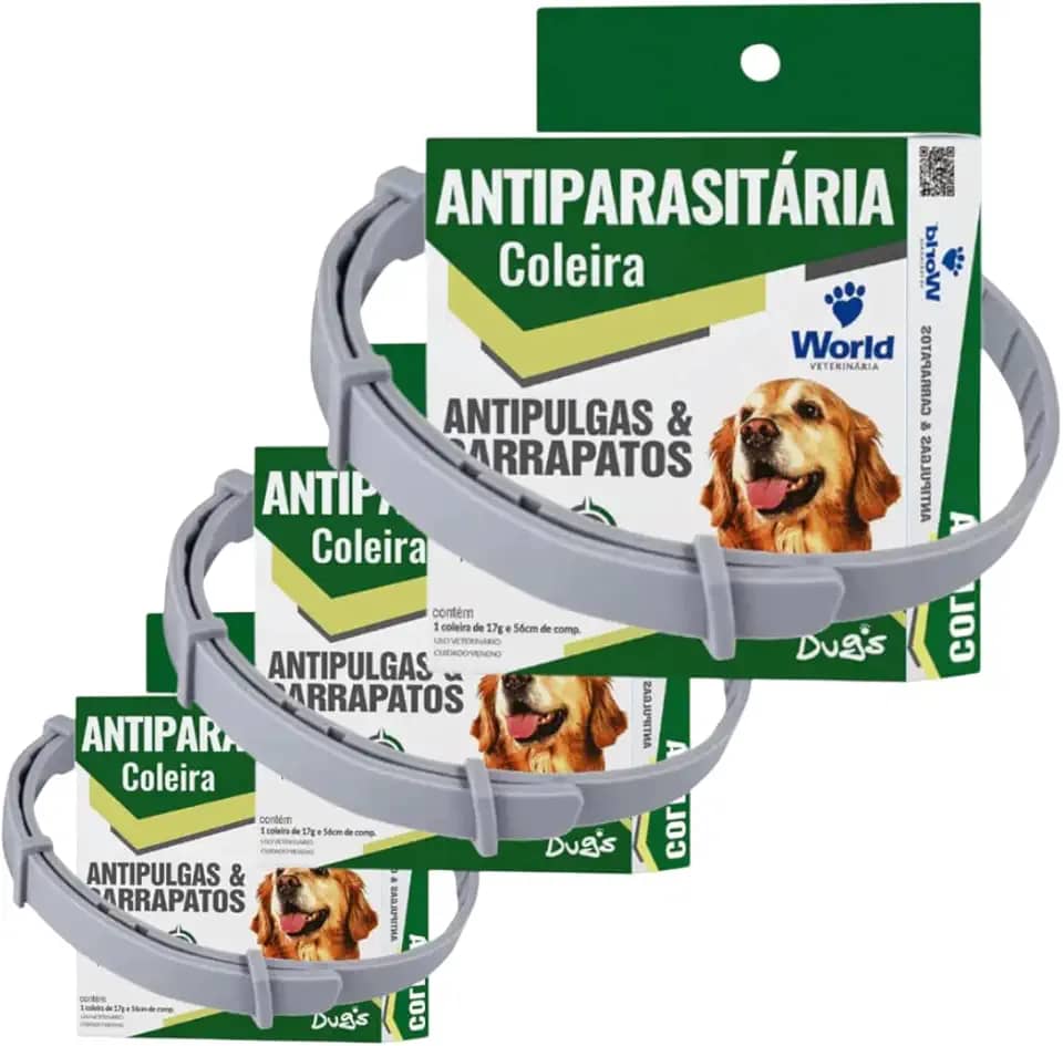 Kit 3 Coleiras Dugs Antipulgas e Carrapatos para Cães 17g com 56cm - World Veterinária