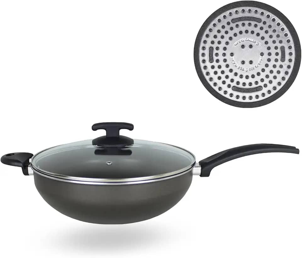 Panela Frigideira Wok Fundo de Indução 4,5L Alumínio Revestimento Antiaderente Tampa de Vidro Fogão Indução Dona Chefa