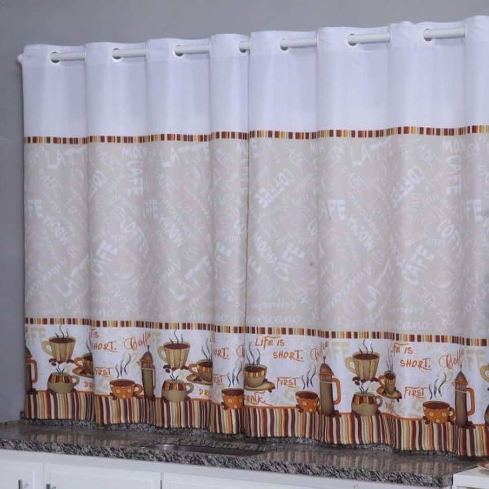 Cortina Cozinha Oxford 2,00x1,40 Estampada Cappuccino Janela Vitrô Ilhós Blackout Blecaute Decorativa Poliéster Varão (Cappucino)