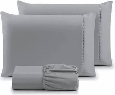 Jogo de Lençol Casal 3 Peças Micropercal 400 Fios com Ponto Palito | Toque Acetinado de Hotel, Não Amassa, Anti Bolinha - Cor Cinza