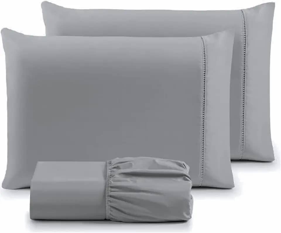 Jogo de Lençol Casal 3 Peças Micropercal 400 Fios com Ponto Palito | Toque Acetinado de Hotel, Não Amassa, Anti Bolinha - Cor Cinza