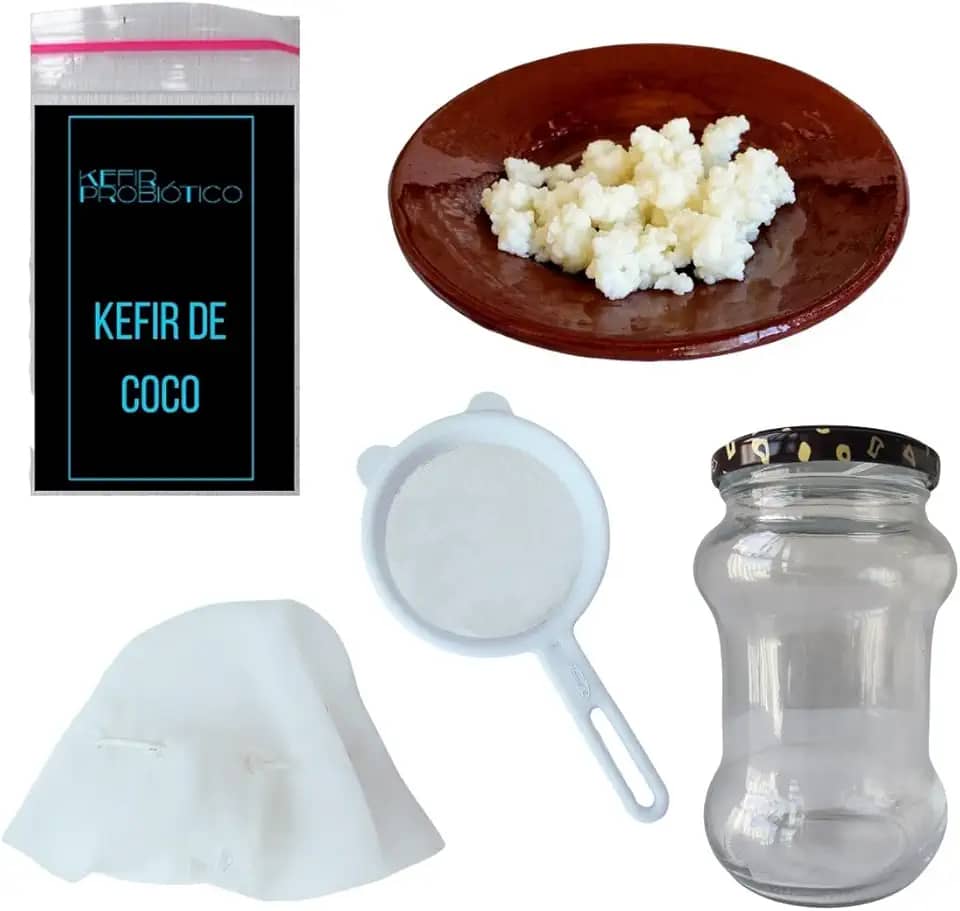 1. Kit Kefir de Leite de Coco Completo – Frasco 500ml + Manual + Tampa Voal + Peneira