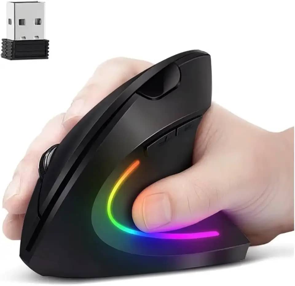 Mouse Vertical Ergonômico Sem Fio – Bluetooth e USB 2.4G, Recarregável, Silencioso, RGB, Compatível PC e Notebook