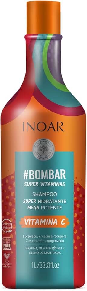 Inoar, Bombar, Shampoo Fortalecedor, Crescimento e Hidratação Diária, Biotina, Vitamina C e Blend de Manteigas, Vegano – Para Todos os Tipos de Cabelos, 1L