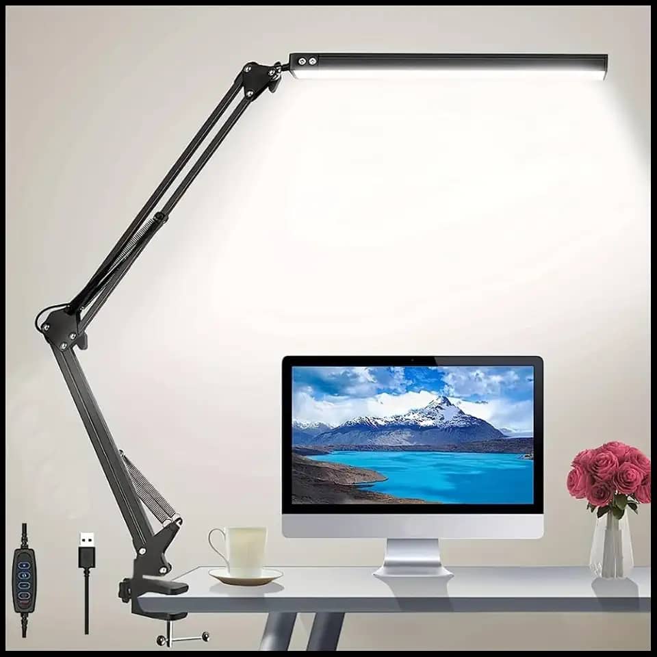 Luminária de mesa LED, braço articulado braçadeira, 3 modos de brilho, iluminação quente à fria, Lâmpadas de Leitura,Estudos,Desenho escritório escrivaninha rotação 360° Alumínio clip Premium - Preto