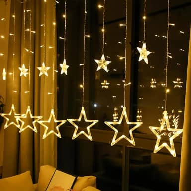 Cascata com 138 LED Formato em Estrela 8 Funções de Pisca para Cortina de luz para decorações de Natal 2,5 Metros Branco Quente (110, Volts)