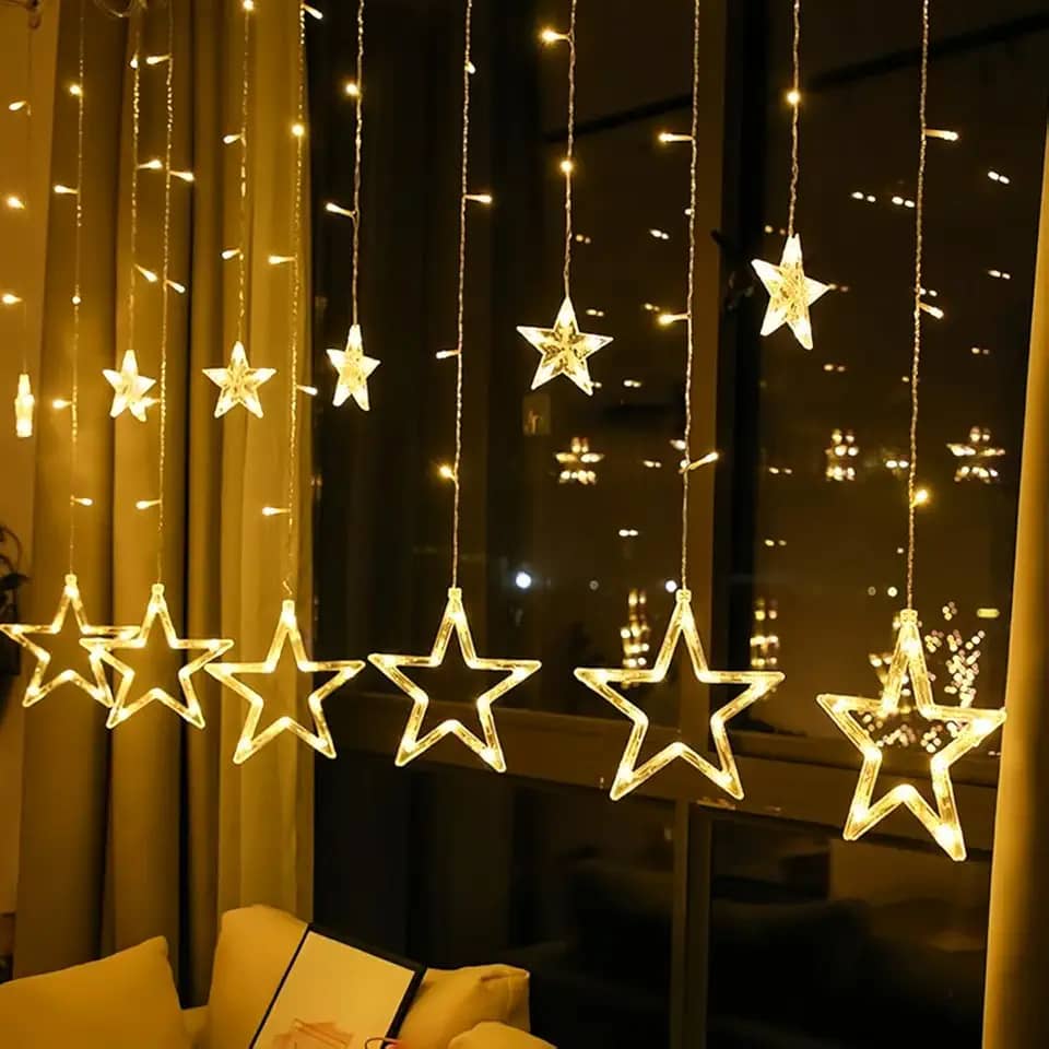 Cascata com 138 LED Formato em Estrela 8 Funções de Pisca para Cortina de luz para decorações de Natal 2,5 Metros Branco Quente (110, Volts)