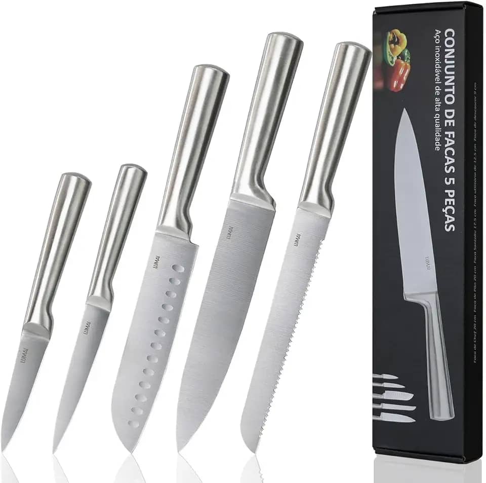 LUMAI Original Conjunto de 5 Facas Grandes de Cozinha Zurich Robusto em Aço Inoxidável 3CR13 com Lâminas Inteiriças – Forja Prolongada para Robustez, Anti ferrugem, Ultra Afiadas e Precisão Suíça