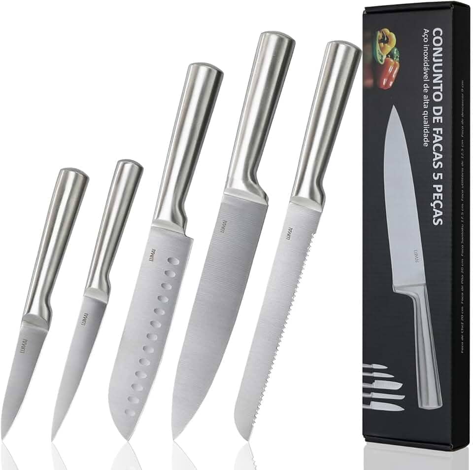 LUMAI Original Conjunto de 5 Facas Grandes de Cozinha Zurich Robusto em Aço Inoxidável 3CR13 com Lâminas Inteiriças – Forja Prolongada para Robustez, Anti ferrugem, Ultra Afiadas e Precisão Suíça