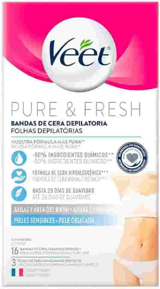Veet Cera Fria Para Depilação Da Virilha E Axila Pure & Fresh Pele Delicada Com 16 Folhas Depilatórias