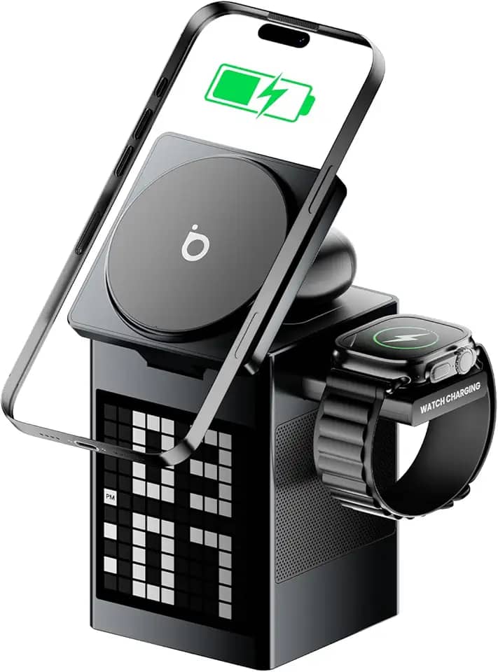 Basike Carregador Sem Fio Magnético 3 em 1, Rápido 15W, Compatível com MagSafe, com Alto-falante Bluetooth/Despertador para iPhone 16/15/14/13, Apple Watch 1-8/Ultra, AirPods (Sem Adaptador CA)