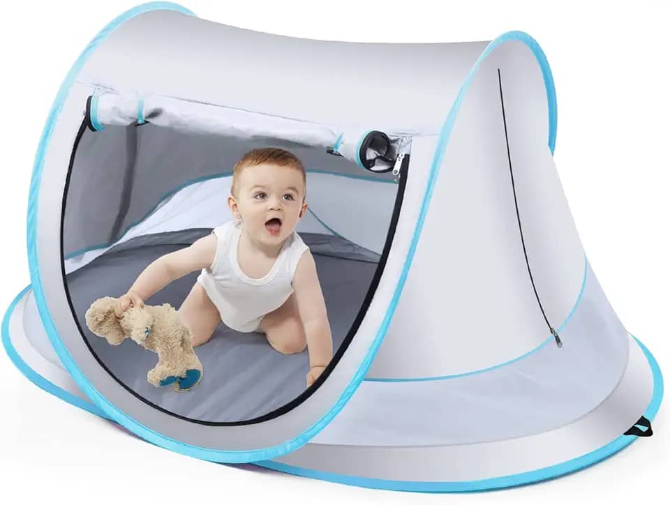 Barraca de praia para bebês, grande tenda de praia pop-up para praia, barraca portátil de viagem para bebês com rede mosquiteira, barraca de brincar para bebês, proteção UV FPS 50+, abrigos solares