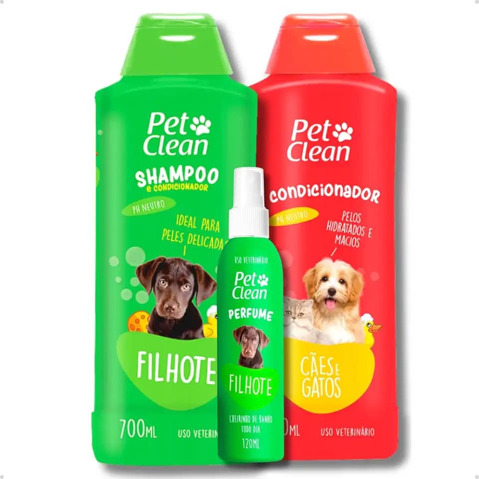 Kit Banho Pet Shop Shampoo Filhotes 700ml + Creme Condicionador 700ml + Perfume Filhote120ml Pet Clean