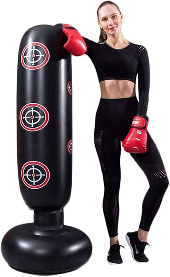 Saco de pancadas com suporte para adultos, bolsa de boxe inflável independente para uso pesado, mulheres, homens, equipamento de treinamento, exercício, boxe, saco de pancadas em pé (preto).