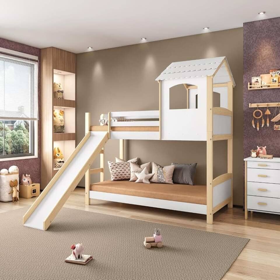 Beliche Infantil Casinha Com Escorregador Madeira e Mdf - Casatema Branco/natural