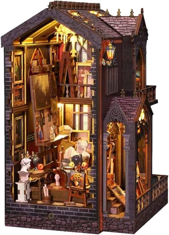 Conjunto Suportes para Livros DIY - Miniaturas Casas, Suportes Madeira 3D com Móveis e Luzes LED, Adequado para Crianças a Partir de 14 Anos (Estúdio de Arte Maravilhoso)