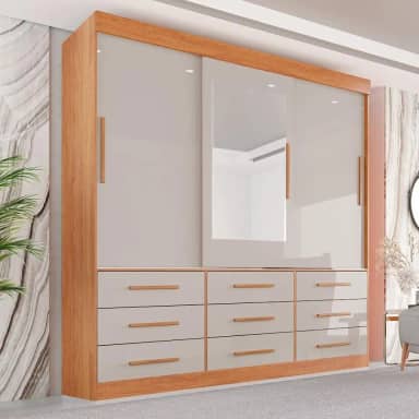 Guarda Roupa Casal 3 Portas 9 Gavetas com Espelho Luana Sallêto Móveis Cinamomo/off White
