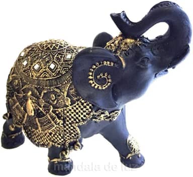 Estátua de Elefante Indiano Preto e Dourado Resina 18cm