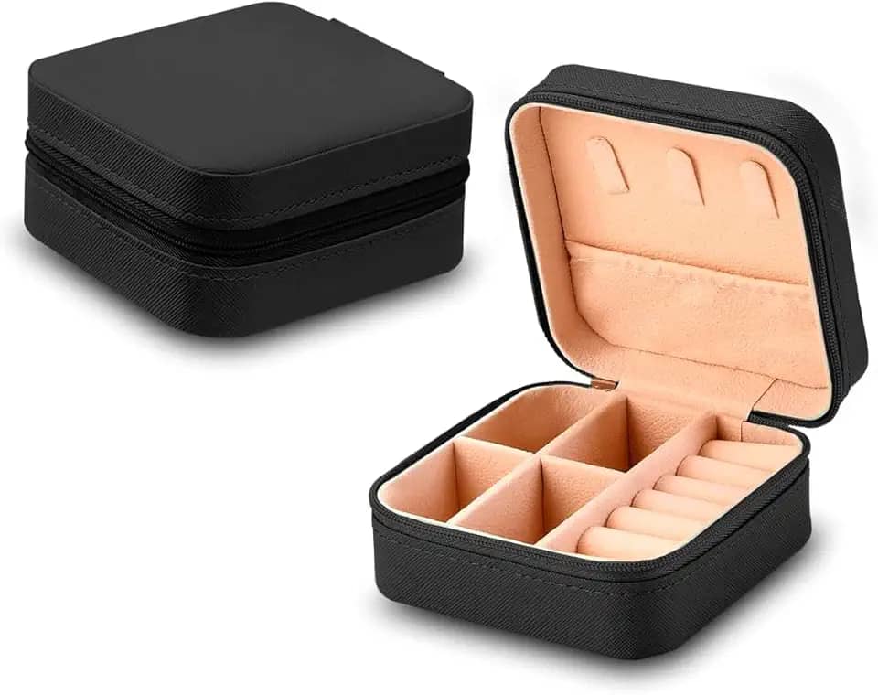 Porta Joias Compacto Portátil com Zíper Estojo Organizador de Joias para Viagem Anéis Colares e Brincos (Preto)