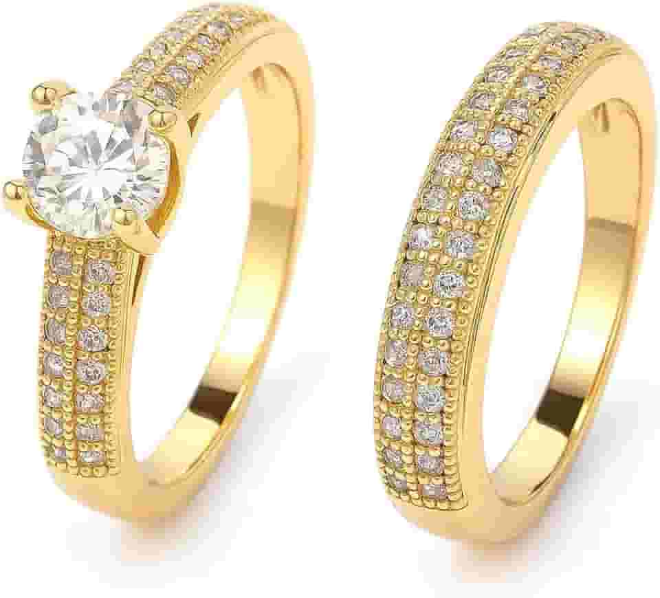 Anel Solitário com aparador 2 Peças duplo banhadas a Ouro 18K com Pedras em Zircônia Cravejado + caixinha vermelha