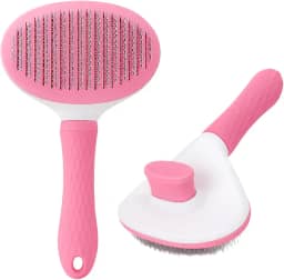Escova Rasqueadora Pet Autolimpante Cães Gatos Remove Pelos Soltos Nós Com Suavidade Cerdas de Aço Flexíveis Pontas Arredondadas Cabo Ergonômico Limpeza Fácil Para Pelagem Média a Longa (Rosa)
