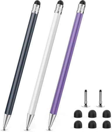 Caneta Stylus 2 em 1 da Digiroot,Caneta Touch Adequado Para Todos os Tipos de Telas Sensíveis ao Toque, Compatível com Apple, Samsung, Lenovo e Xiaomi(preta, branca e roxa)