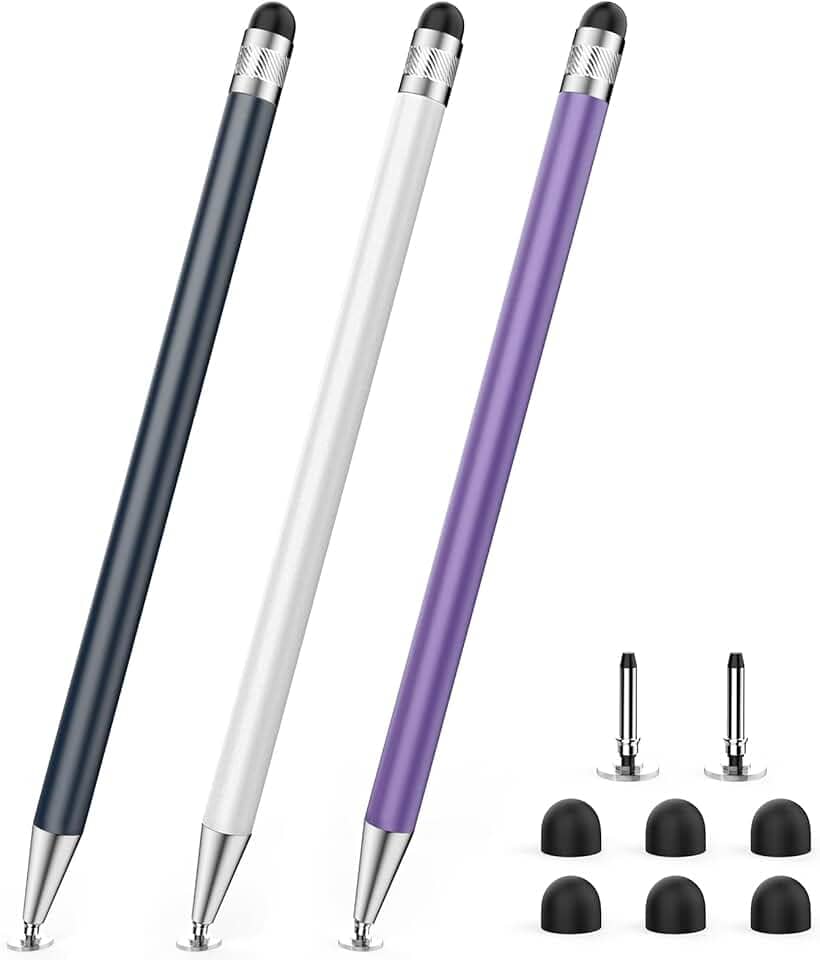 Caneta Stylus 2 em 1 da Digiroot,Caneta Touch Adequado Para Todos os Tipos de Telas Sensíveis ao Toque, Compatível com Apple, Samsung, Lenovo e Xiaomi(preta, branca e roxa)