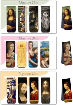 Kit 12 Marcadores de Página Magnéticos 12 peças - Leonardo da Vinci - Mona lisa, A Última Ceia, A Virgem das Rochas, Dama com Arminho, Homem Vitruviano, Virgem, A Anunciação e outras obras.