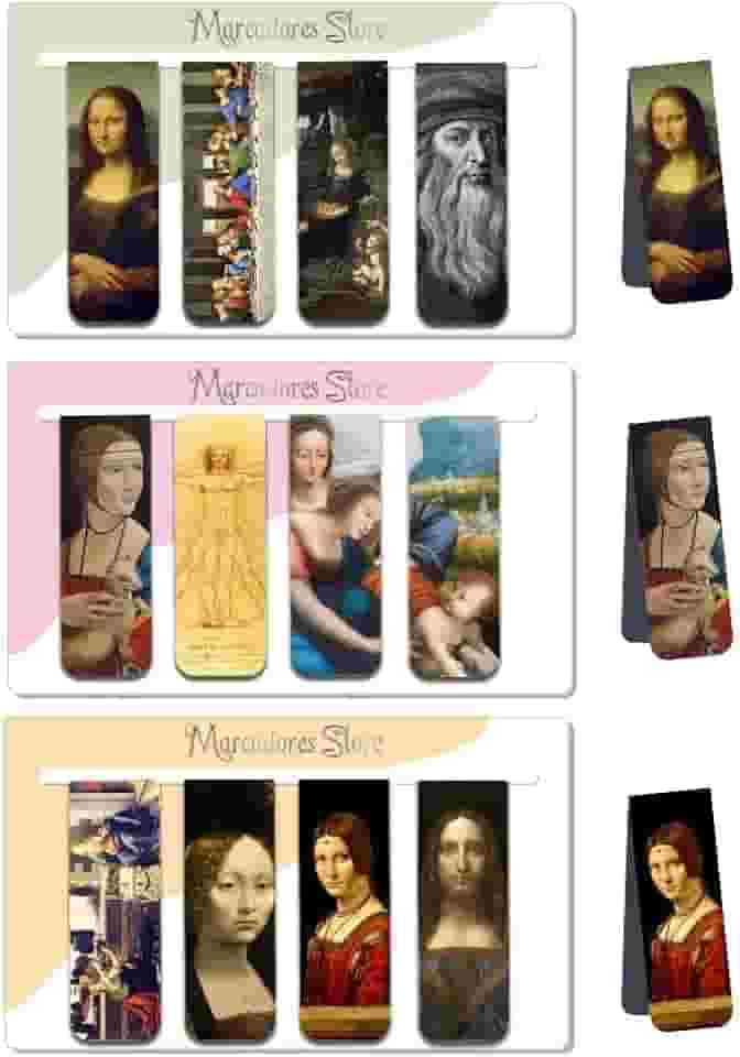 Kit 12 Marcadores de Página Magnéticos 12 peças - Leonardo da Vinci - Mona lisa, A Última Ceia, A Virgem das Rochas, Dama com Arminho, Homem Vitruviano, Virgem, A Anunciação e outras obras.
