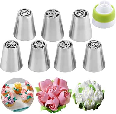 Conjunto de pontas de confeitar russas, 8 peças de pontas de decoração de bolos, 7 bicos de cobertura de flores e 1 acoplador de três furos para decoração de bolos, cupcake, biscoitos, assar