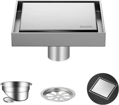 Ralo Quadrado de Aço Inoxidável para Banheiro, 10 x 10 cm, com Tampa Oculta. Adequado para Banheiros e Cozinhas. À Prova de Insetos e Odores - Escovado